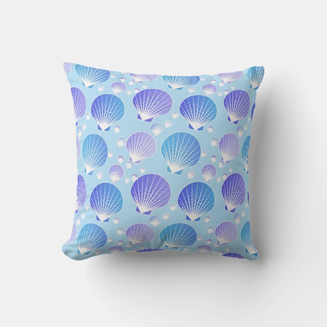 Lavender and blue seashells on pale blue throw pillow (Front)