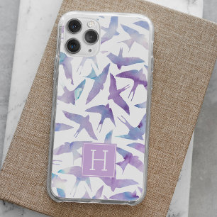 Lavender and Blue Watercolor Birds Monogrammed iPhone 15 Pro Max Case