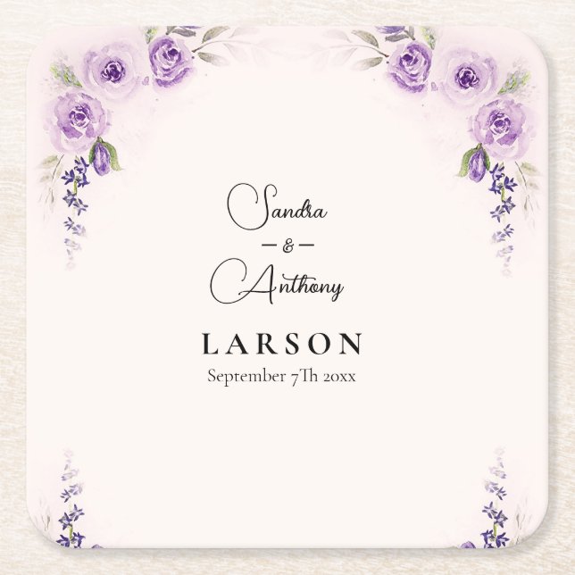 Lavender and Blush Wedding Square Paper Coaster (Front)