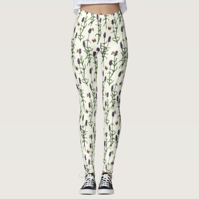 Lavender and butterflies on off white leggings (Front)