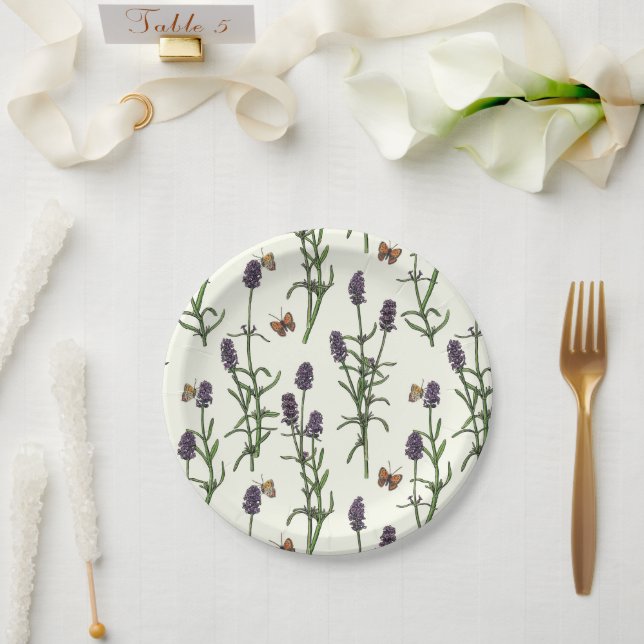 Lavender and butterflies on off white paper plate (Wedding)