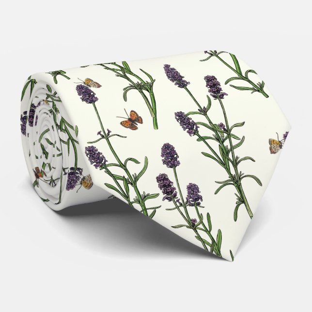 Lavender and butterflies on off white tie (Rolled)