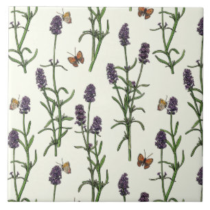Lavender and butterflies on off white tile