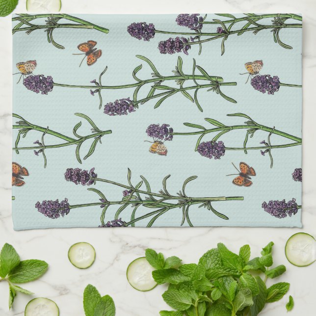 Lavender and butterflies on sea glass kitchen towel (Folded)
