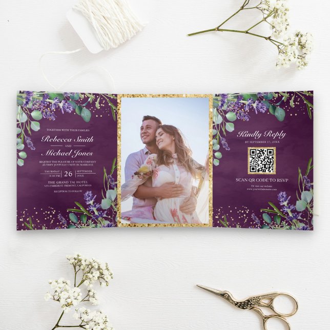 Lavender and Eucalyptus Purple QR Code Wedding Tri-Fold Invitation (Creator Uploaded)