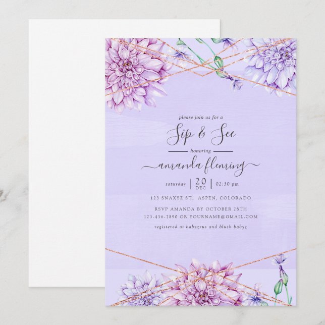 Lavender and Gold Floral Geometric Sip and See Invitation (Front/Back)