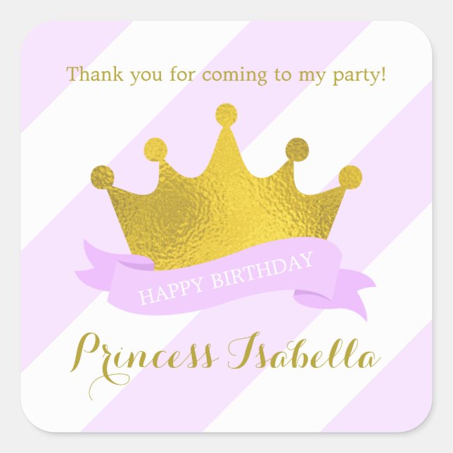 Lavender and Gold Princess Birthday Square Sticker (Front)