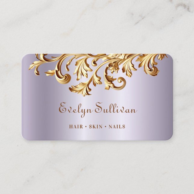Lavender and gold rococo business card (Front)
