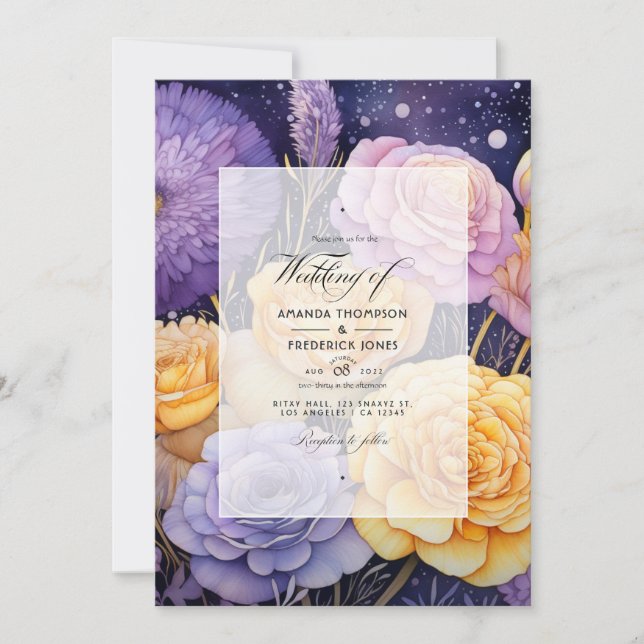 Lavender and Golden Yellow Floral Spring Wedding Invitation (Front)