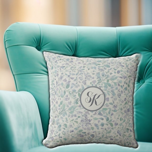 Lavender and Green Leaf Mongram Throw Pillow (Creator Uploaded)