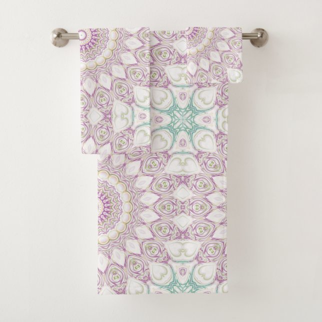 Lavender and Green Pastel Mandala Pattern Design Bath Towel Set (Insitu)