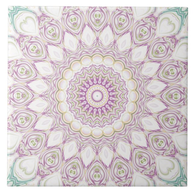 Lavender and Green Pastel Mandala Pattern Design Tile (Front)