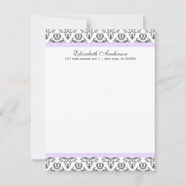 Lavender and Grey Damask Flat Thank You Notes Invitation (Front)