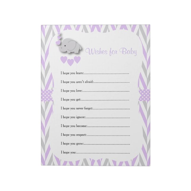 Lavender and Grey Elephant Baby Shower - Wishes 2 Notepad (Rotated)