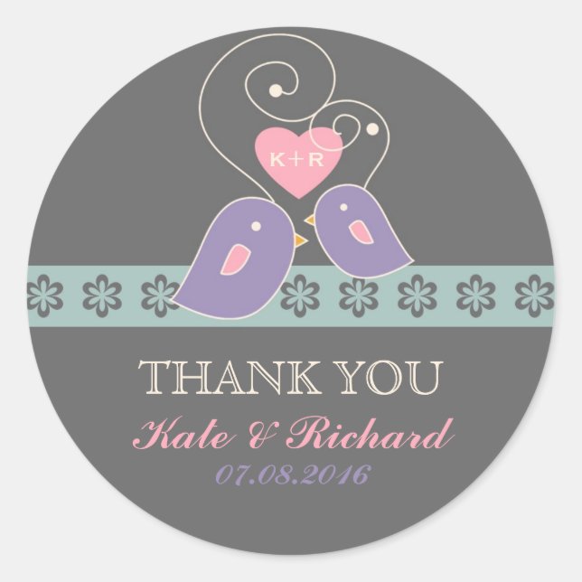 Lavender and Grey Love Birds Wedding Sticker (Front)