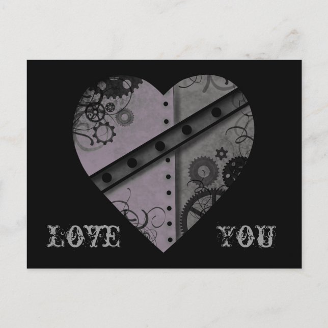 Lavender and grey steampunk heart Love You Postcard (Front)