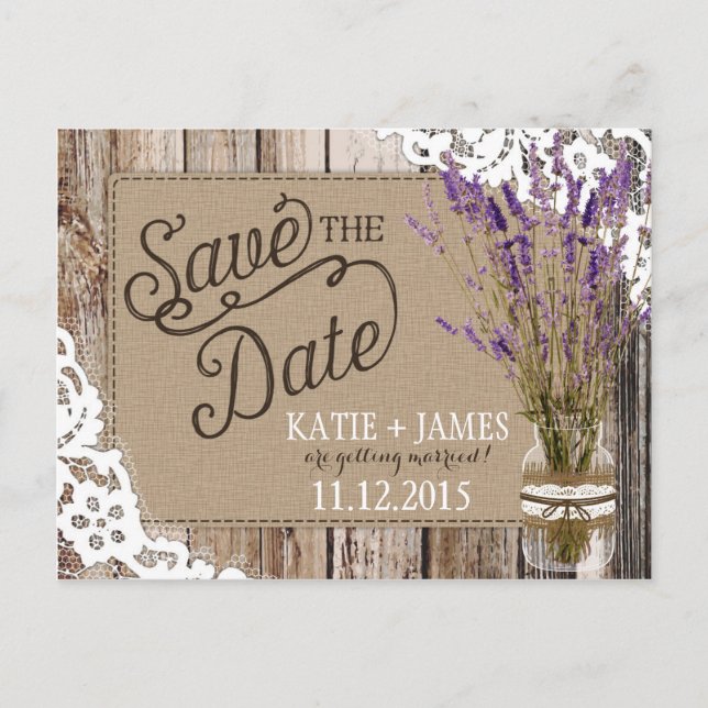 Lavender and Lace Rustic Wood Planks Save the Date Announcement Postcard (Front)