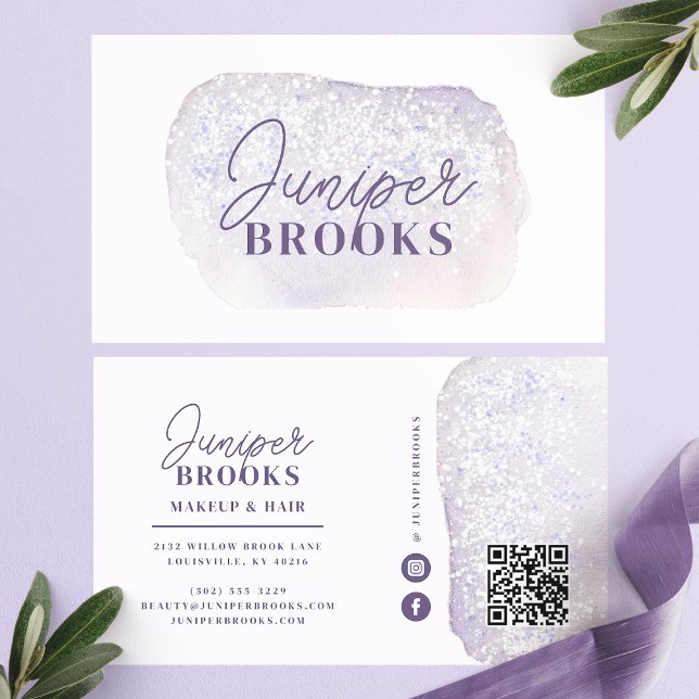 Lavender and Lilac Glitter Social Media QR Code Business Card (Creator Uploaded)