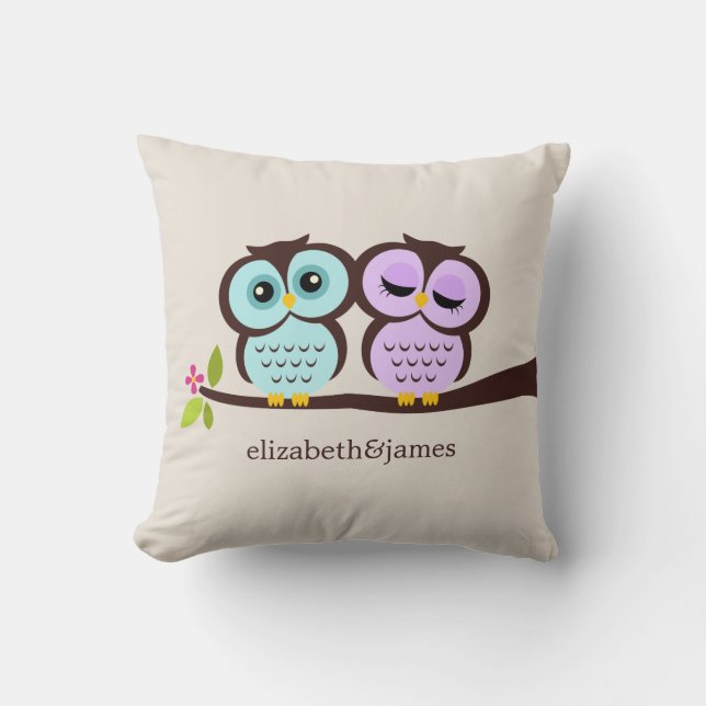 Lavender and Mint Owls Wedding Throw Pillow (Front)