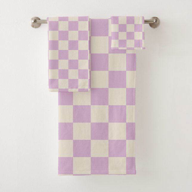 Lavender and Off White Chequerboard Bath Towel Set (Insitu)