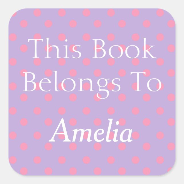 Lavender and Pink Polka Dot Bookplate Square Sticker (Front)