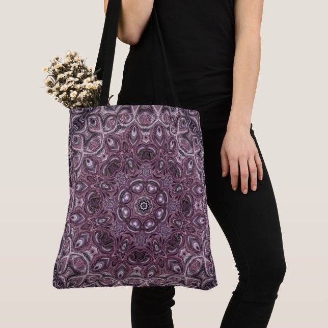 Lavender and Plum Marble Mandala Pattern Tote Bag (Close Up)