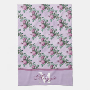 Lavender and Purple Roses On Vines Monogrammed Kitchen Towel