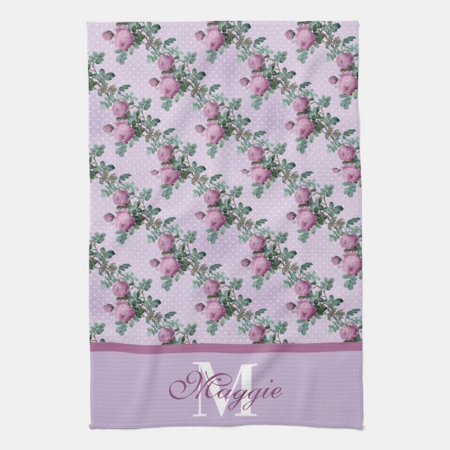 Lavender and Purple Roses On Vines Monogrammed Kitchen Towel (Vertical)