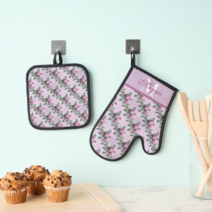 Lavender and Purple Roses On Vines Monogrammed Oven Mitt & Pot Holder Set