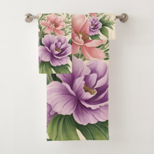 Lavender And Rose Country Garden Floral Print  Bath Towel Set