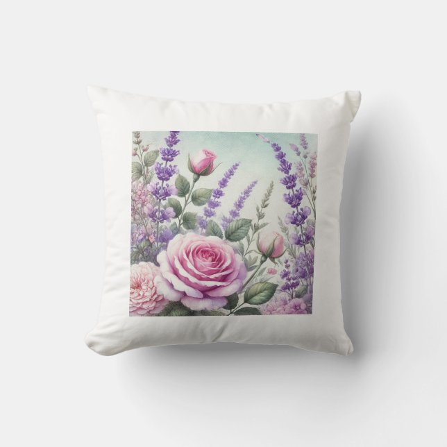 Lavender and Rose Garden Throw Pillow (Front)