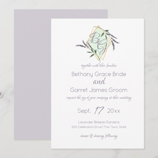 Lavender and Sage Monogram Wedding Invitation (Front/Back)