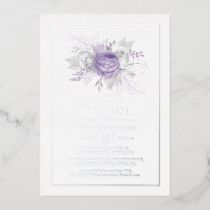 Lavender and Silver Floral Baptism Foil Invitation
