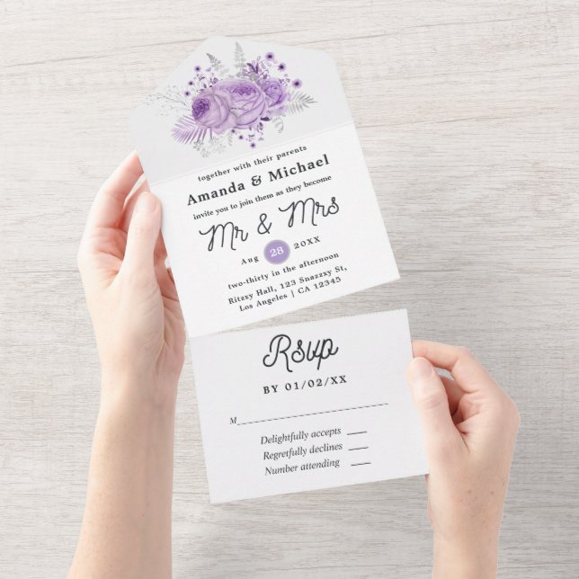 Lavender and Silver Floral Wedding All In One Invitation (Tearaway)