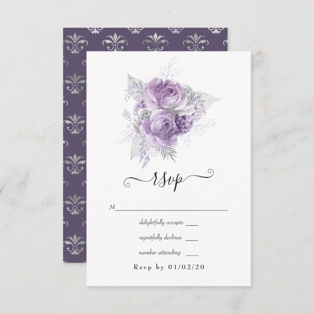 Lavender and Silver Floral Wedding RSVP Card (Front/Back)