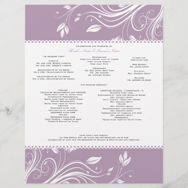 Lavender and White Floral Swirls Wedding Program (Front)