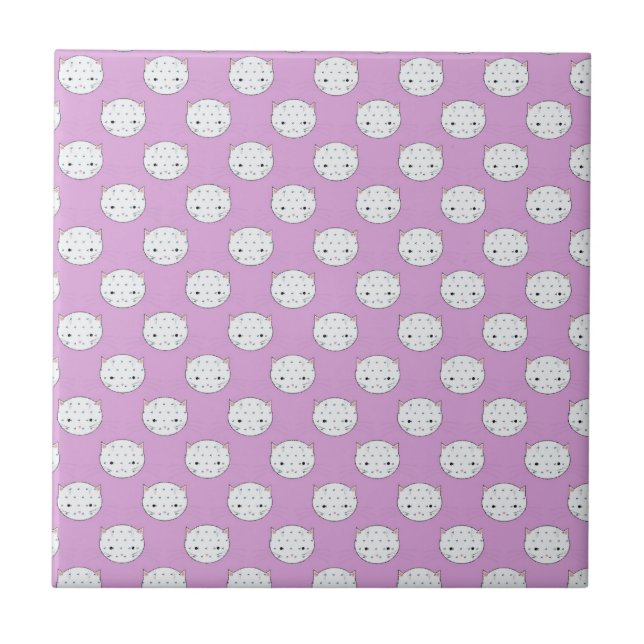 Lavender and White Kitty Faces Pattern Polka Dots Tile (Front)