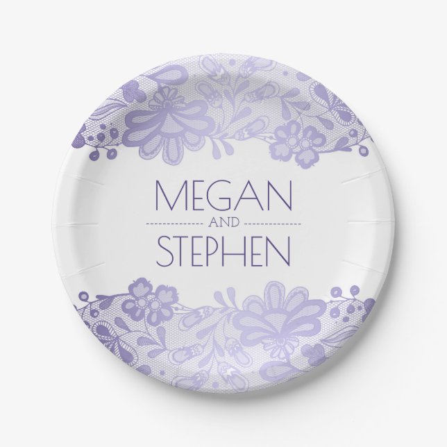 Lavender and White Lace Floral Elegant Wedding Paper Plate (Front)