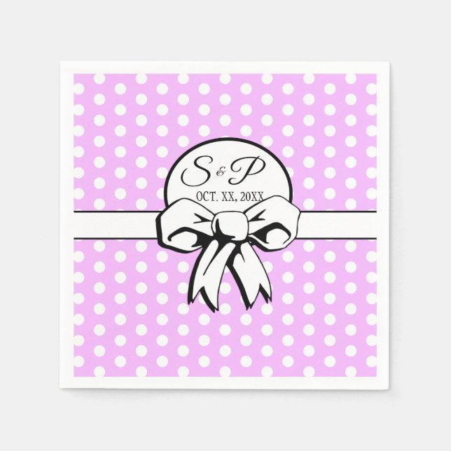 Lavender and White Polka Dot White Bow Personalize Napkin (Front)
