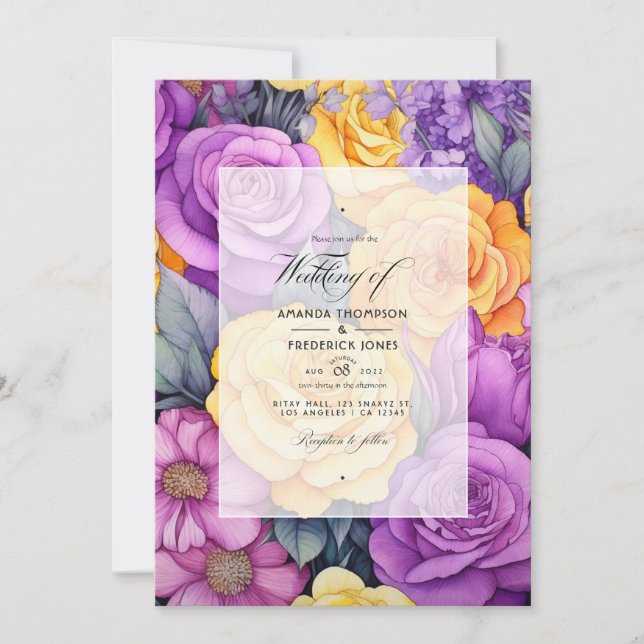 Lavender and Yellow Floral Spring Wedding Invitation (Front)