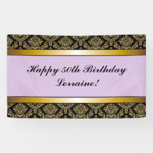 Lavender Any Age Gold Damask Birthday Banner