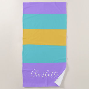 Lavender Aqua Yellow Wide Stripes Personalized Beach Towel