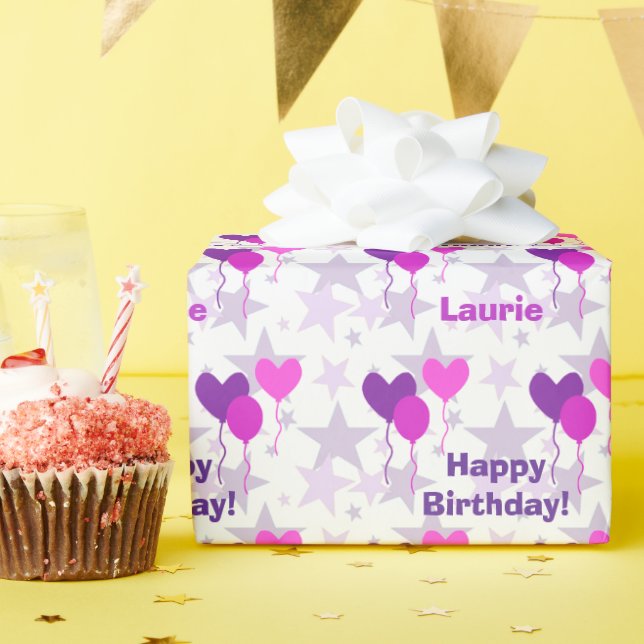 Lavender Balloons Stars Personalized Birthday Wrapping Paper (Birthday Party)