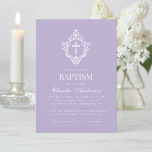 Lavender Baptism Cross in Crest Elegant Vintage  Invitation