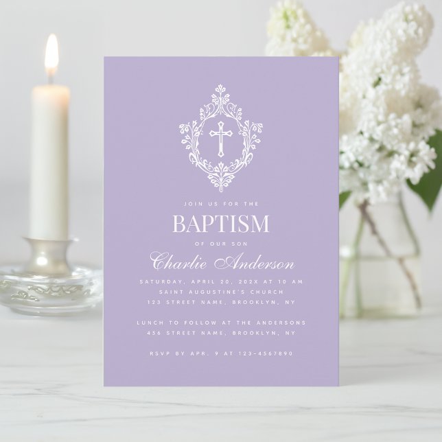 Lavender Baptism Cross in Crest Elegant Vintage  Invitation (Creator Uploaded)