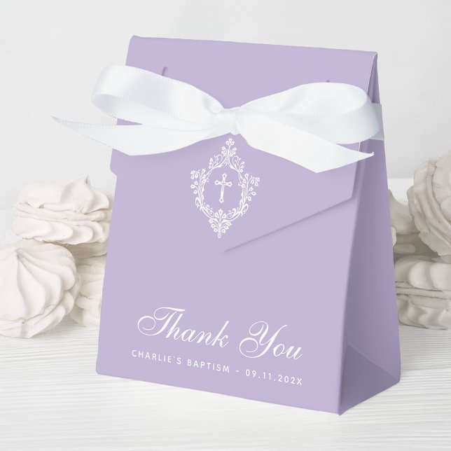 Lavender Baptism White Cross Crest Elegant Purple Favor Box (Creator Uploaded)