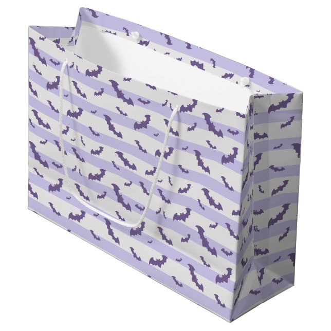 Lavender Bat Pattern on Striped Background Large Gift Bag (Front Angled)