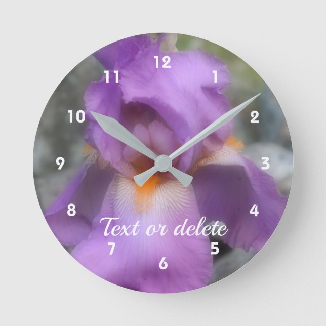 Lavender Bearded Iris Flower Personalized Round Clock (Front)
