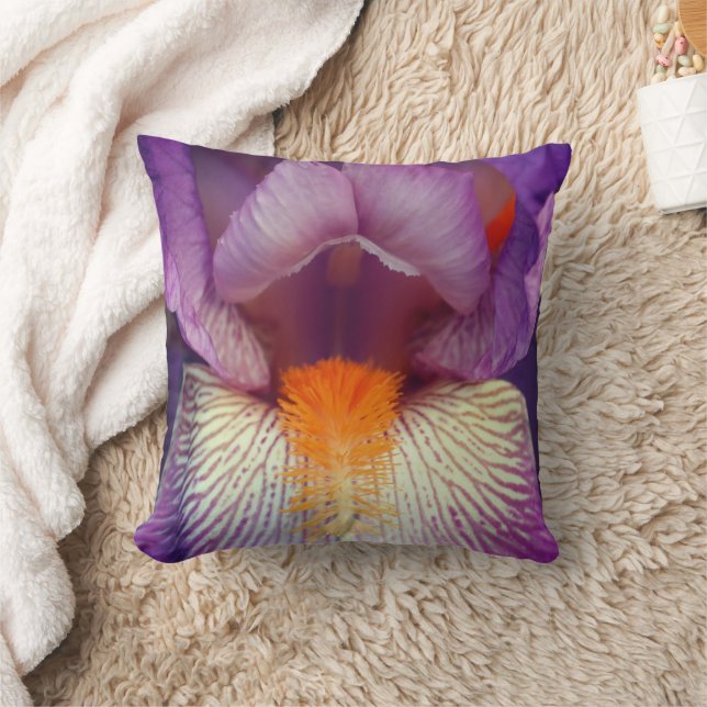 Lavender Bearded Iris Flower Petal Close Up Throw Pillow (Blanket)