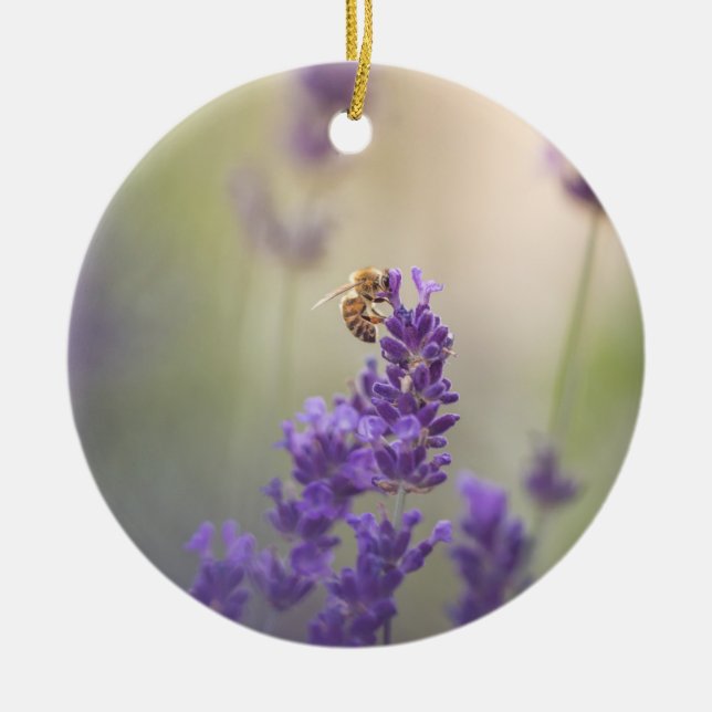 Lavender Bee Nature Photo Ceramic Ornament (Front)